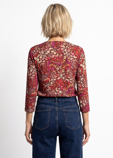 T-shirt long évasé manches 3/4 imprimé tachiste Bordeaux/Rose