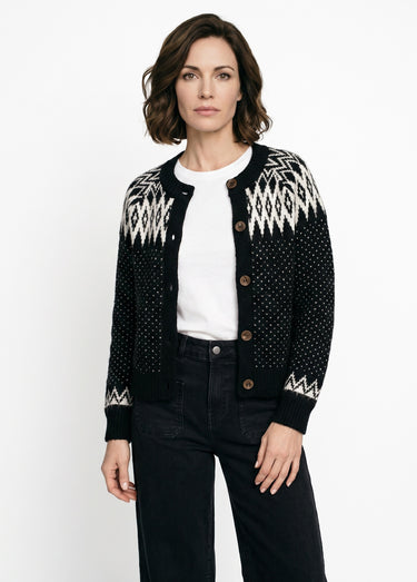 Gilet chaud boutonné jacquard graphique Noir/Ecru