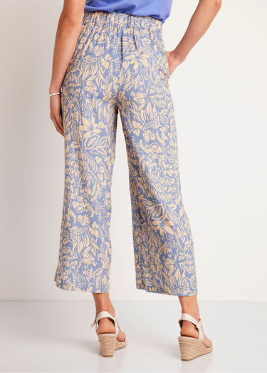 Pantalon large taille élastiquée fleuri ou uni Bleu / Écru