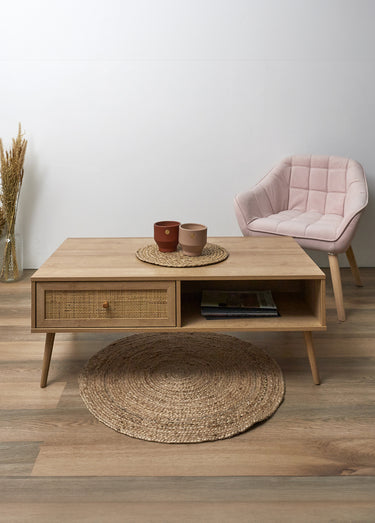 Table basse 1 tiroir, bois et cannage Marron