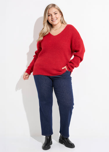 Pull col V maille mousseuse avec laine Rouge