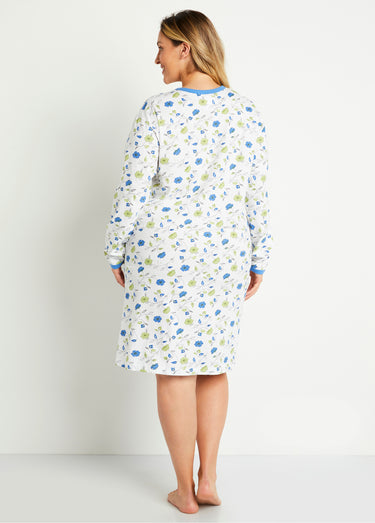 Chemise de nuit boutonnée coton imprimé mi longue Bleu