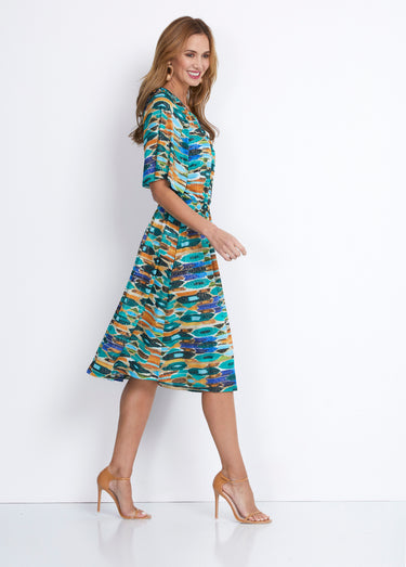 Robe courte smockée base évasée Vert/Ocre