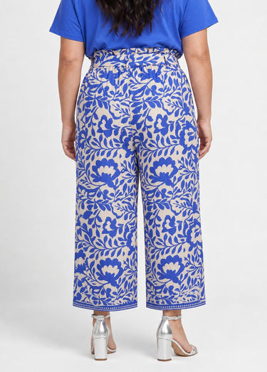 Pantalon taille haute imprimé feuillage Bleu / Écru
