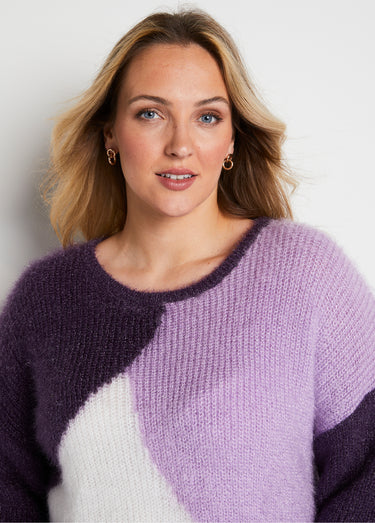 Pull doux colorblock maille poilue Cassis/Ecru