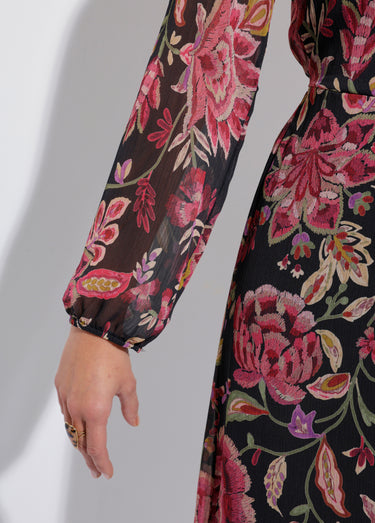 Robe longue cache-coeur volantée voile fleuri Noir/Prune