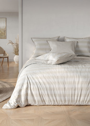Parure housse de couette coton, rayures Beige