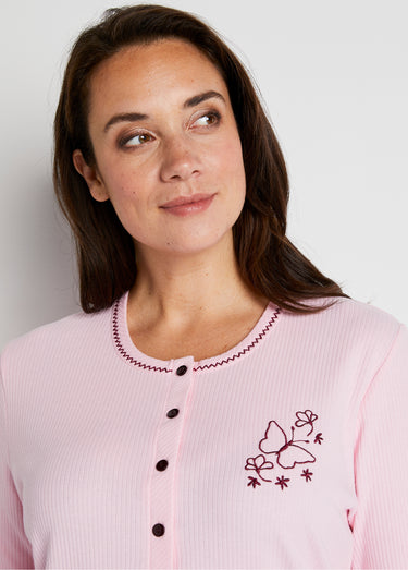 Pyjama 2 pièces coton, broderie poitrine Rose