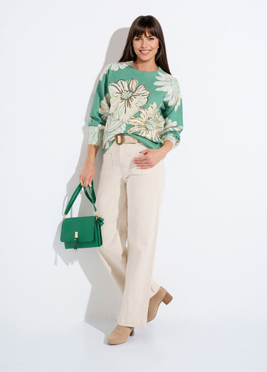 Pull fin imprimé fleurs sequins col rond Vert