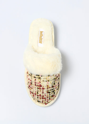 Chaussons mules tweed et fourrure Rouge