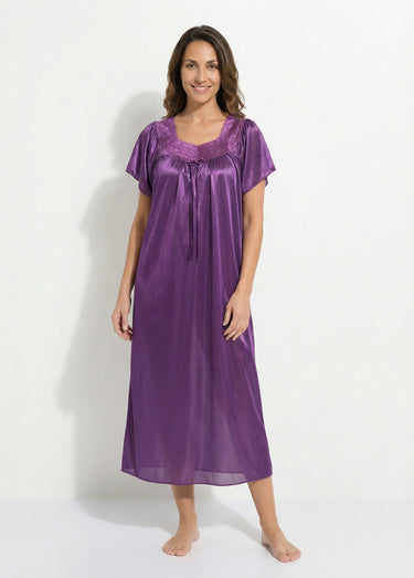 Chemise de nuit satinée longue antistatique dentelle Prune