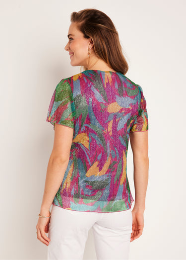 T-shirt court imprimé feuillage doré Fuchsia/Vert