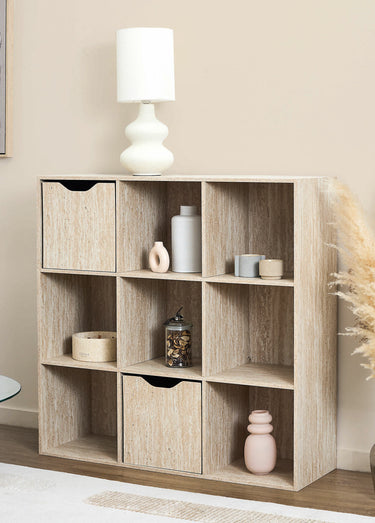 Meuble rangement 9 cases, effet pierre Blanc/Beige