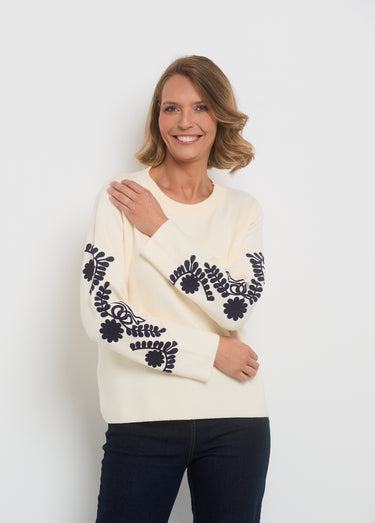 Pull manches avec broderies fantaisie Ecru