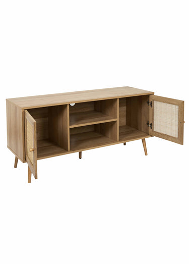 Meuble TV bas en bois et cannage Marron