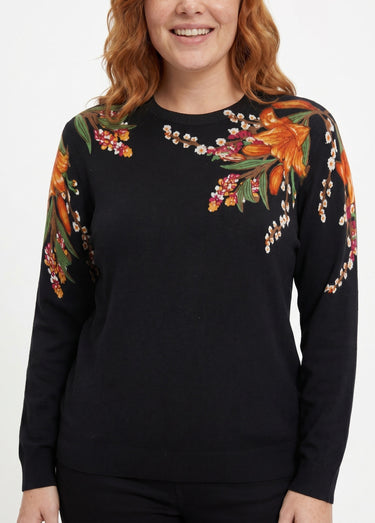 Pull chaud col rond imprimé floral manches longues Noir