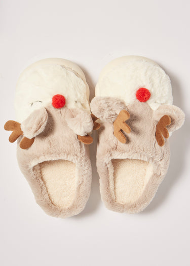 Chaussons chauds en fourrure thème Noël Beige
