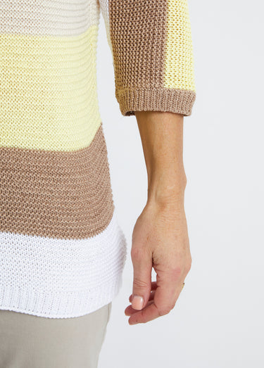 Pull rayé manches 3/4 point mousse Jaune/Dore