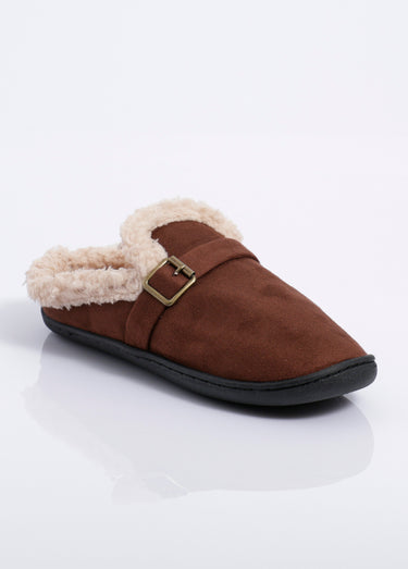 Mules suédine fourrées, antidérapantes Marron