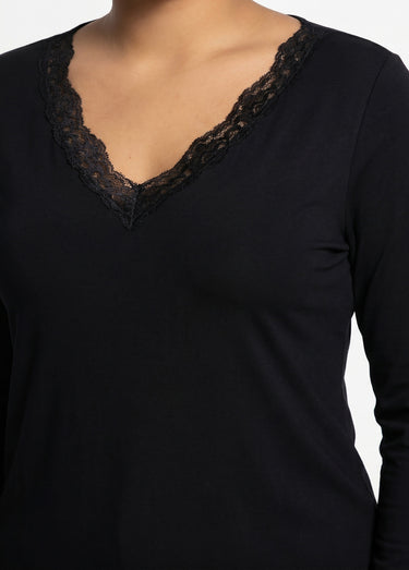 T-shirt court dentelle col V manches longues Noir