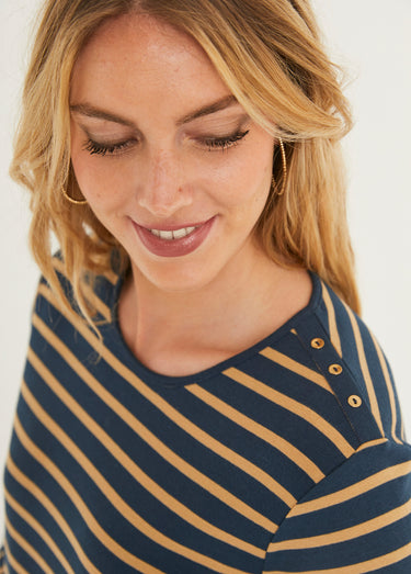 T-shirt marinière court coton manches longues Marine/Camel
