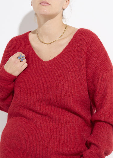 Pull col V maille mousseuse avec laine Rouge