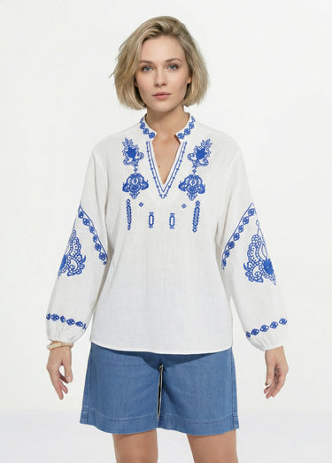 Tunique coton brodé sequins manches 3/4 Blanc/Bleu