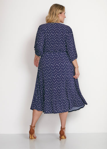 Robe mi longue cache-coeur pois Marine / Blanc