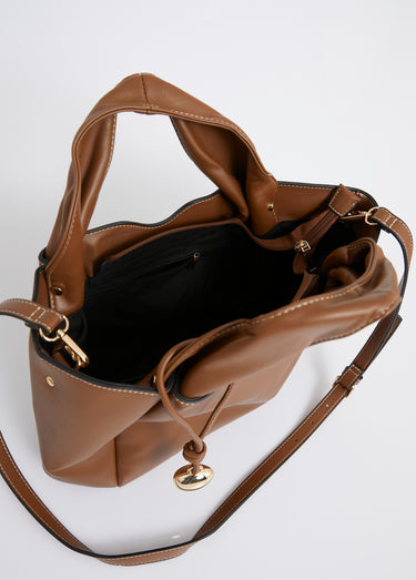 Sac simili cuir avec anses plissées Camel