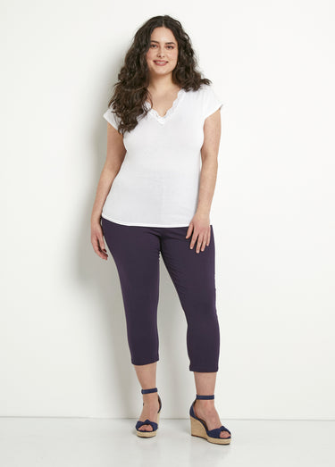 Legging court taille élastiquée coton Uni Prune