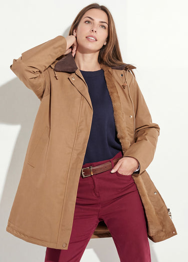 Parka déperlante longue avec col velours Camel/Chocolat
