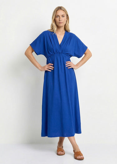Robe longue col V plissé devant et dos Bleu Roi
