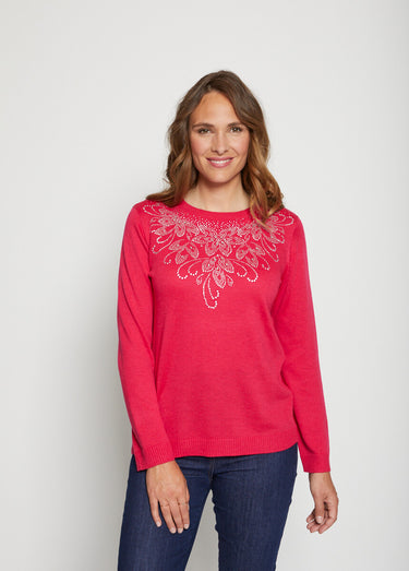 Pull doux strass col montant Rose Indien
