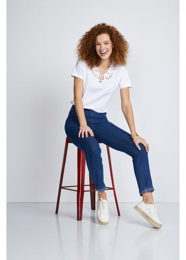 T-shirt col V ajouré brodé Blanc