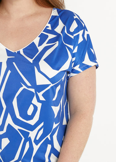 T-shirt droit court col V imprimé graphique Bleu / Blanc