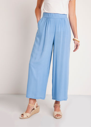Pantalon large taille élastiquée fleuri ou uni Bleu
