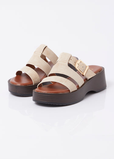 Mules plateforme 3 brides suédine Beige