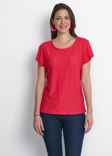 Tee-shirt manches papillon maille ajourée Framboise