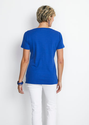 T-shirt long motif fleuri fentes côtés Bleu