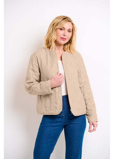Veste unie matelassée zippée courte col rond Beige