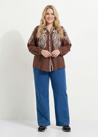 Blouse avec broderies et petit col V Chocolat / Beige