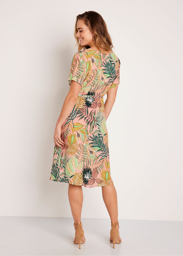 Robe droite courte motif feuilles Rose/Vert