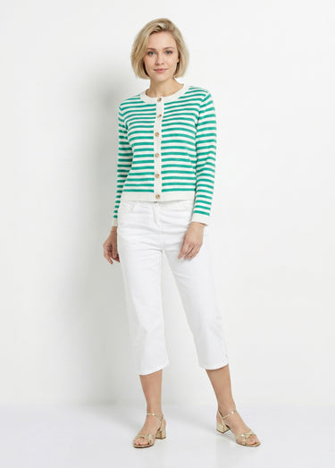 Gilet cardigan court col rond rayé boutonné Raye Vert