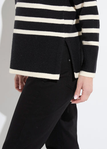 Pull col roulé manches longues descendues Raye Noir