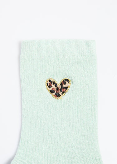 Chaussettes fines côtes motif cœur léopard Vert