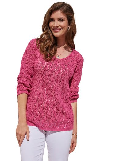 Pull maille fantaisie ajourée col V Fuchsia