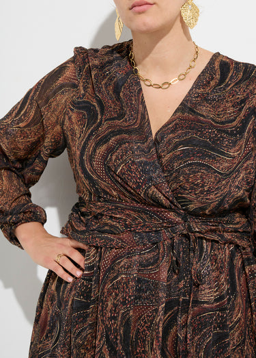 Robe col V, voile fantaisie métallisé Imprime