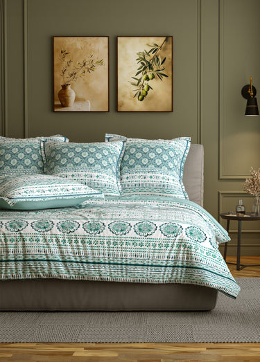 Parure de lit 4 pièces avec drap plat, éventails Bleu