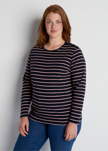 T-shirt marinière court coton manches longues Marine/Rose
