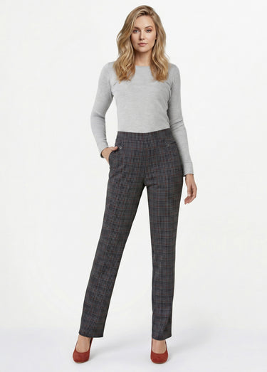 Pantalon droit taille semi élastiquée Carreaux Gris